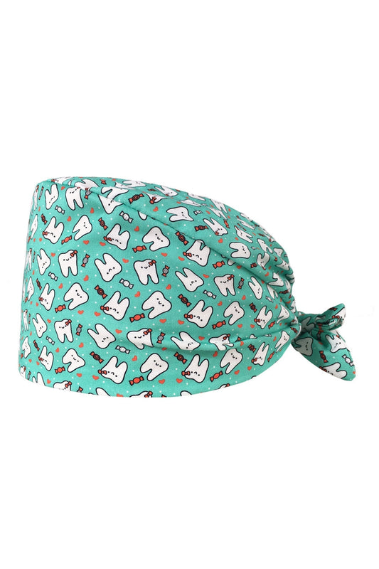 Turquoise medische muts met tandmotief, ideaal voor tandartsen, met absorberende hoofdband