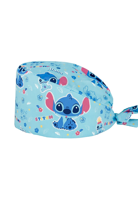 Stoffen OK-muts met motief – Hemelsblauw met Stitch-motief en tropische bloemen