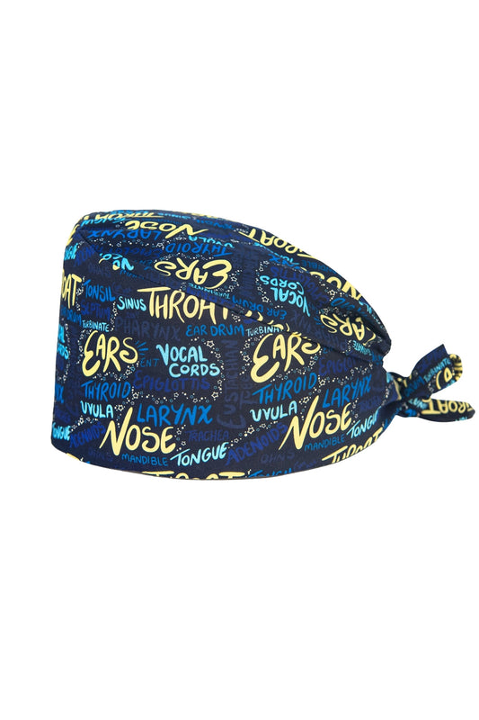 Stoffen OK-muts met motief – Donkerblauw met NKO-motief (neus, keel, oren)