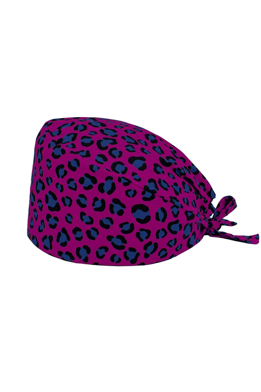 Stoffen OK-muts met motief – Fuchsia met blauw-zwart luipaardmotief