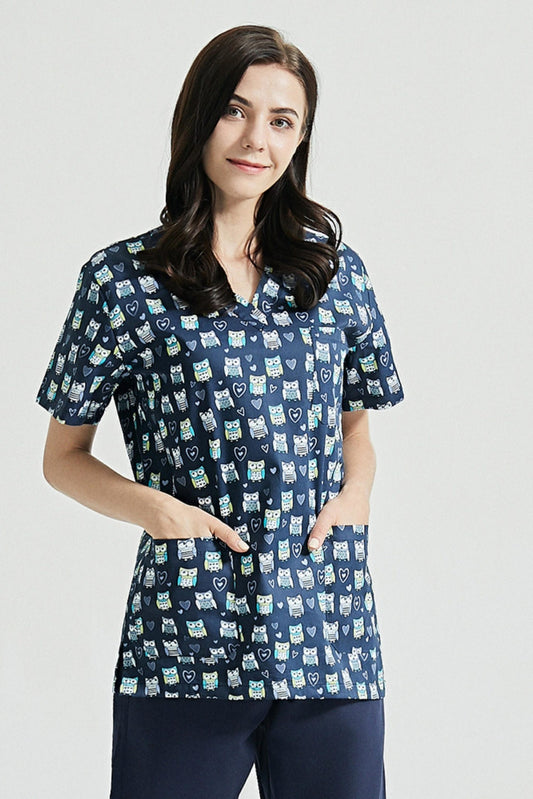 Tandartstuniek - Marineblauw met uilenmotieven