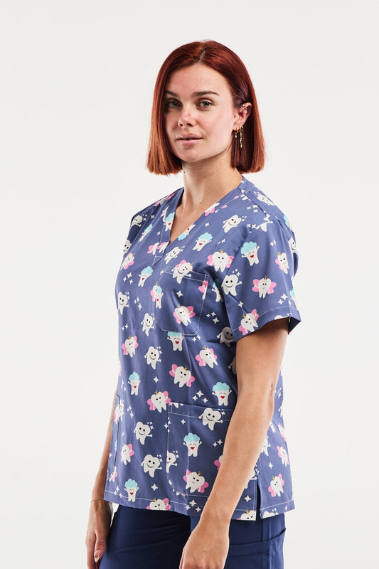 Medische blouse - Indigoblauw met tandenprint