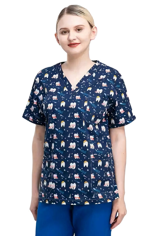 Medische blouse - Marineblauw met tandenprint