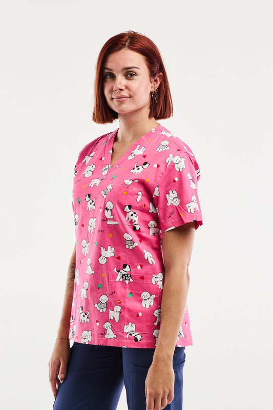 Medische blouse - Roze met puppyprint