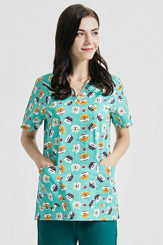 Unisex medische blouse - Turquoisegroen met puppymotief