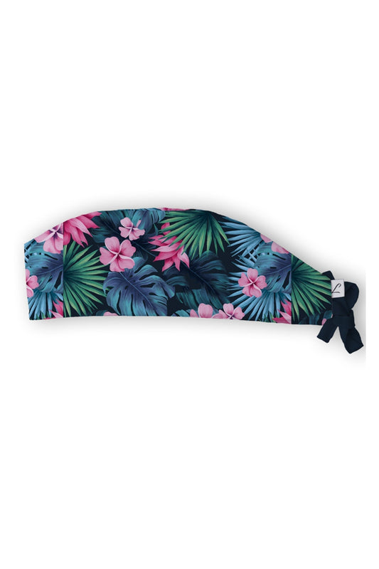 Marineblauwe medische muts van Aelin met unieke motieven en tropische strikband