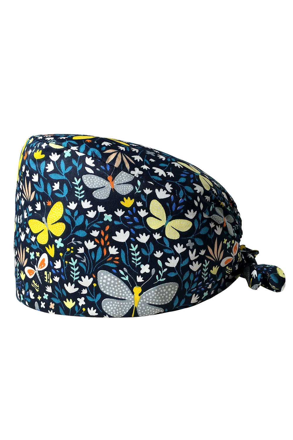 Marineblauwe medische muts met vlinderprint en absorberende hoofdband, past perfect