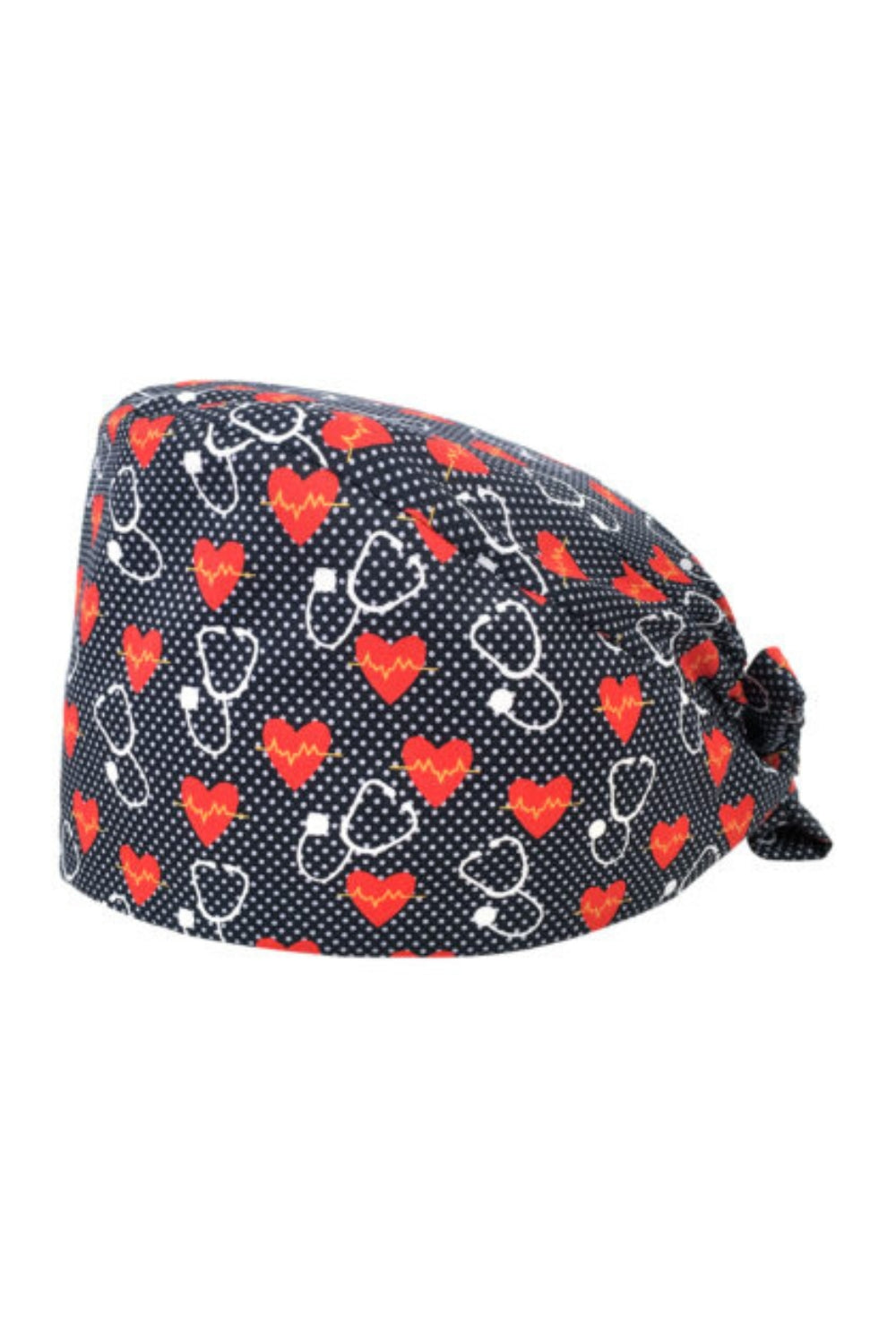 Grijze medische muts met hartjes- en stethoscoopmotieven, ideaal voor een zorglook