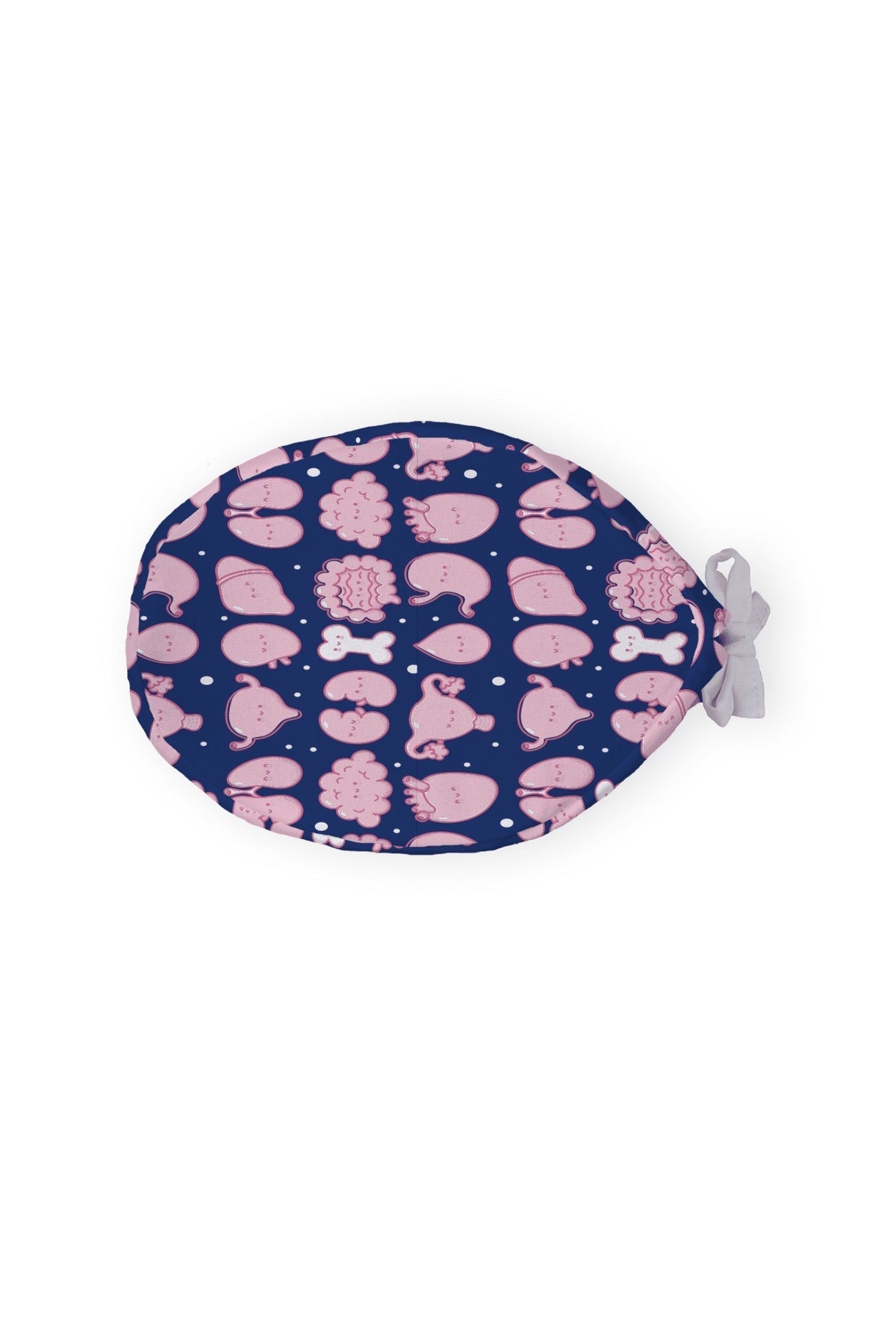 Medische muts – Marineblauw met mini-orgaanmotieven, ovaal kussen met vis