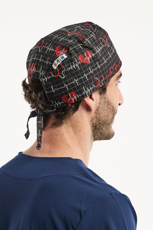 Medische muts – Marineblauw met stethoscoopprint – Kort haar