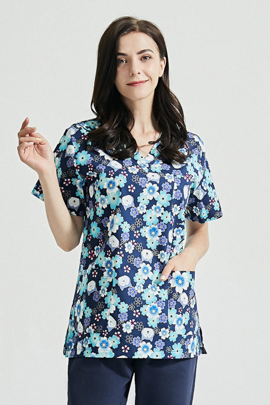 Unisex medische tuniek - Marineblauw met bloemenprint
