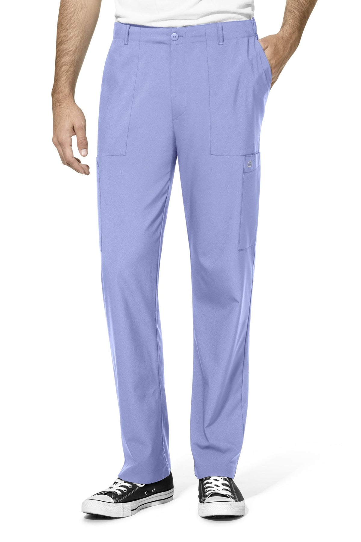 Hemelsblauwe broek van een medische set voor heren, met zakken en elastische taille